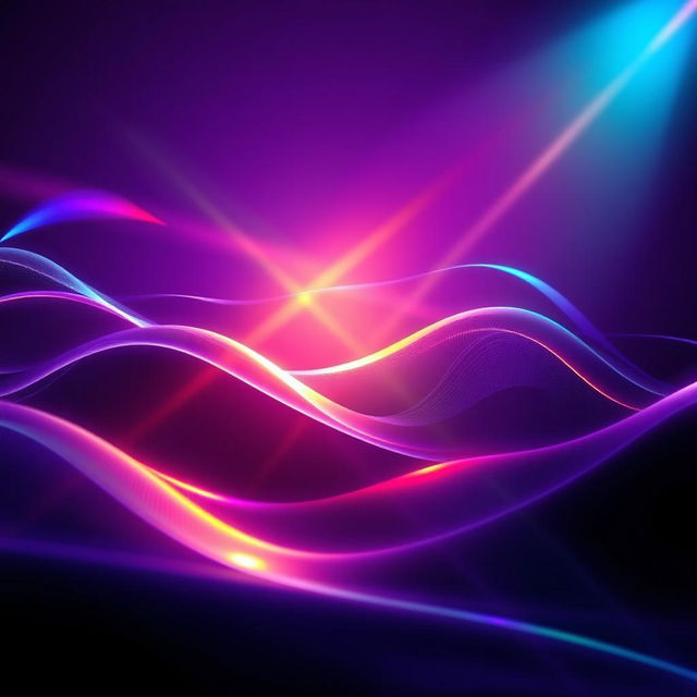 An abstract representation of light beams penetrating sound waves against a deep, rich-colored background, such as deep purple or navy blue