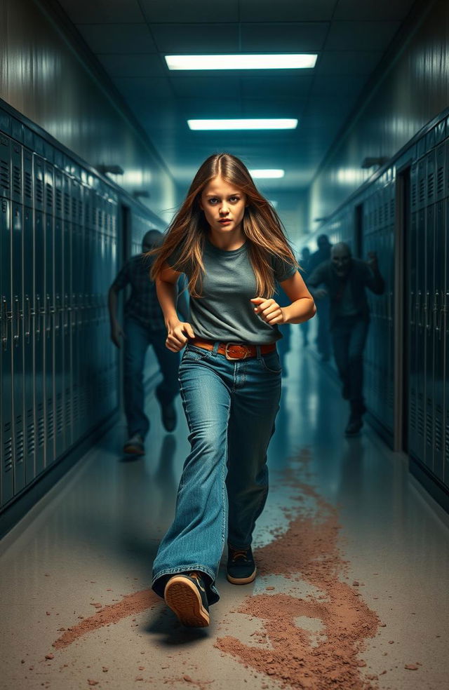 A girl with long hair, wearing stylish wide-leg jeans and a casual t-shirt, runs frantically through a deserted school corridor