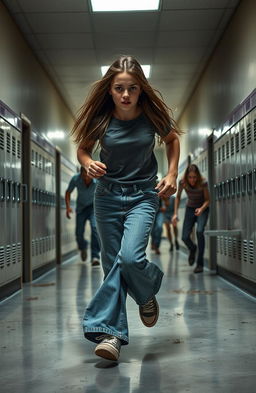 A girl with long hair, wearing stylish wide-leg jeans and a casual t-shirt, runs frantically through a deserted school corridor
