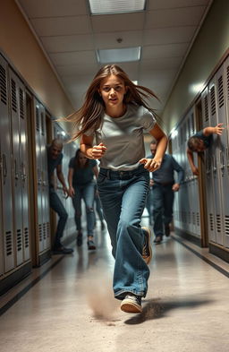 A girl with long hair, wearing stylish wide-leg jeans and a casual t-shirt, runs frantically through a deserted school corridor