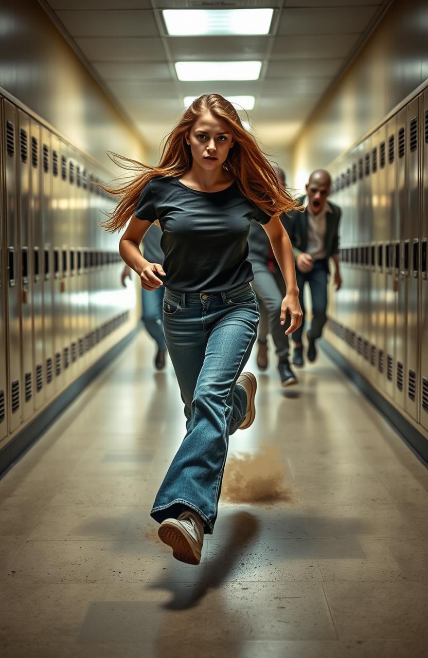 A girl with long hair, wearing stylish wide-leg jeans and a casual t-shirt, runs frantically through a deserted school corridor