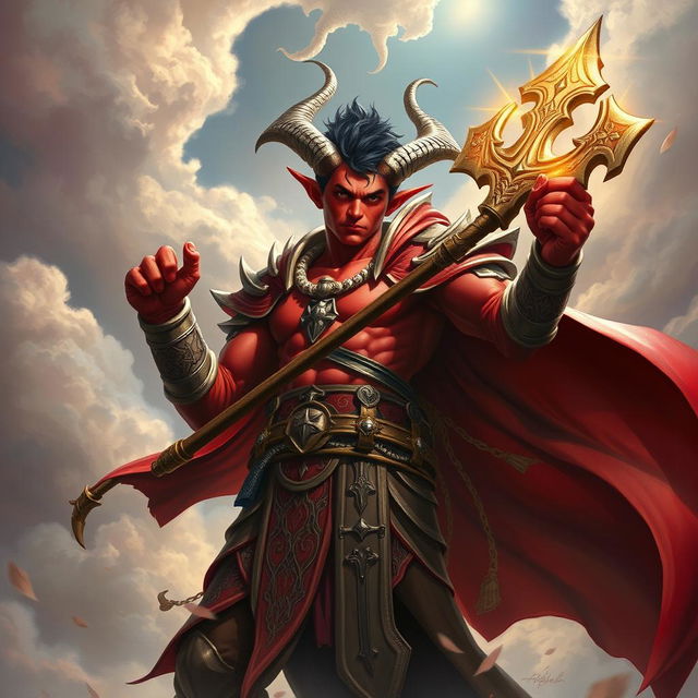 A powerful red male tiefling cleric wielding an intricately designed mace, standing proudly in a dynamic pose in a celestial realm