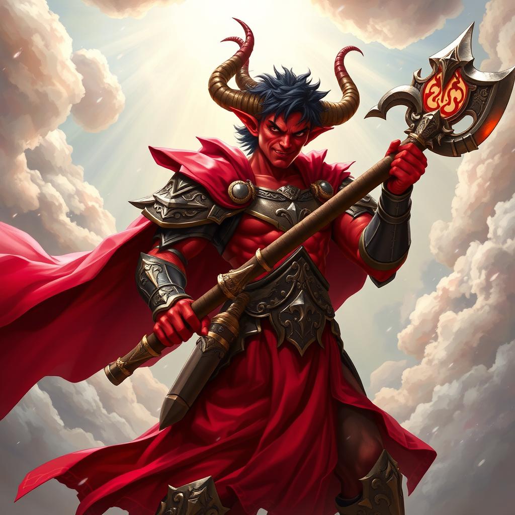 A powerful red male tiefling cleric wielding an intricately designed mace, standing proudly in a dynamic pose in a celestial realm