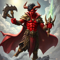 A powerful red male tiefling cleric wielding an intricately designed mace, standing proudly in a dynamic pose in a celestial realm