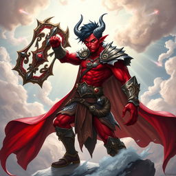 A powerful red male tiefling cleric wielding an intricately designed mace, standing proudly in a dynamic pose in a celestial realm