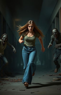 A girl wearing wide leg jeans, with long hair flowing, sprinting away from a horde of zombies in an ominous school hallway