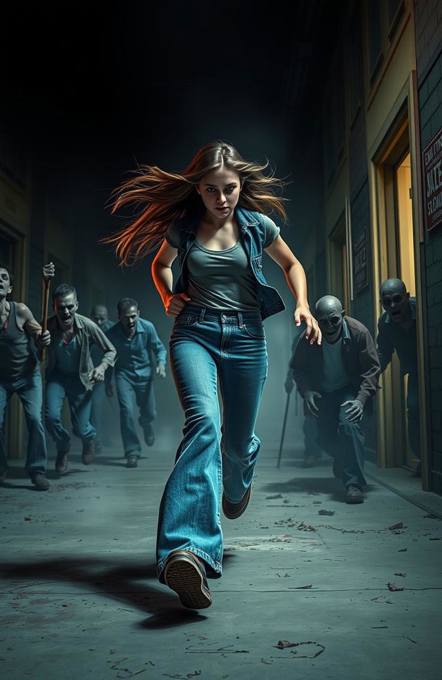 A girl wearing wide leg jeans, with long hair flowing, sprinting away from a horde of zombies in an ominous school hallway