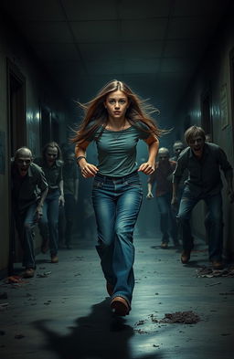 A girl wearing wide leg jeans, with long hair flowing, sprinting away from a horde of zombies in an ominous school hallway