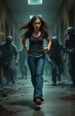 A girl wearing wide leg jeans, with long hair flowing, sprinting away from a horde of zombies in an ominous school hallway