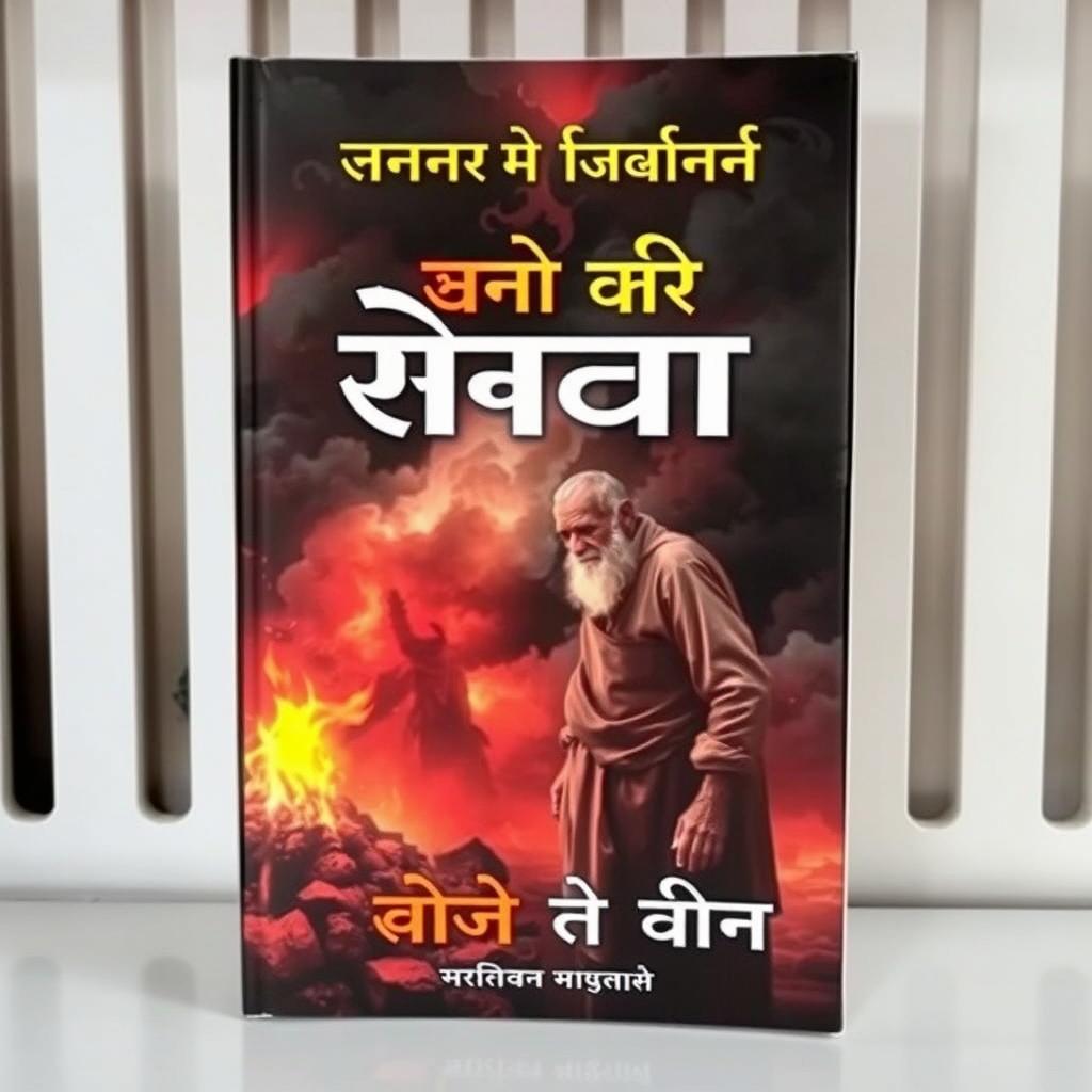 An attractive book cover featuring a visually intense and dramatic scene: an old, poor man with a somber expression standing near a funeral pyre