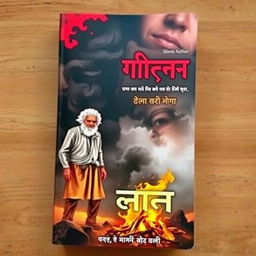 An attractive book cover featuring a visually intense and dramatic scene: an old, poor man with a somber expression standing near a funeral pyre