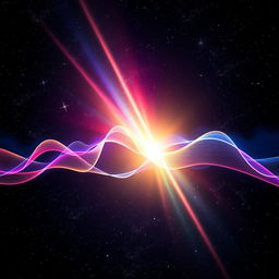 A mesmerizing cosmic scene depicting light beams passing through sound waves against a dark, starry universe background
