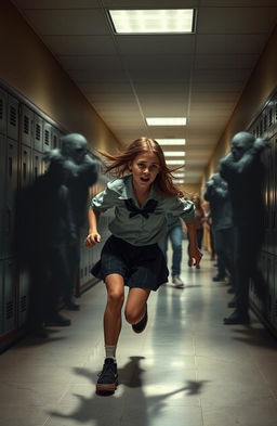 A scared brunette girl running away from zombies in a school hallway