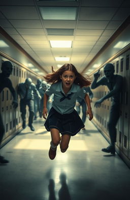 A scared brunette girl running away from zombies in a school hallway