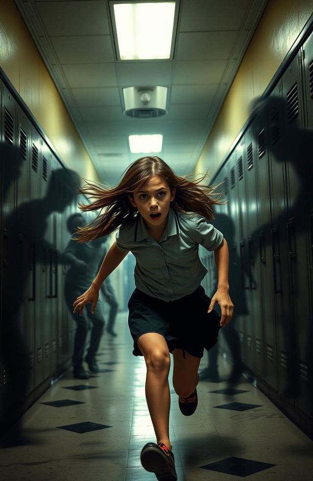 A scared brunette girl running away from zombies in a school hallway