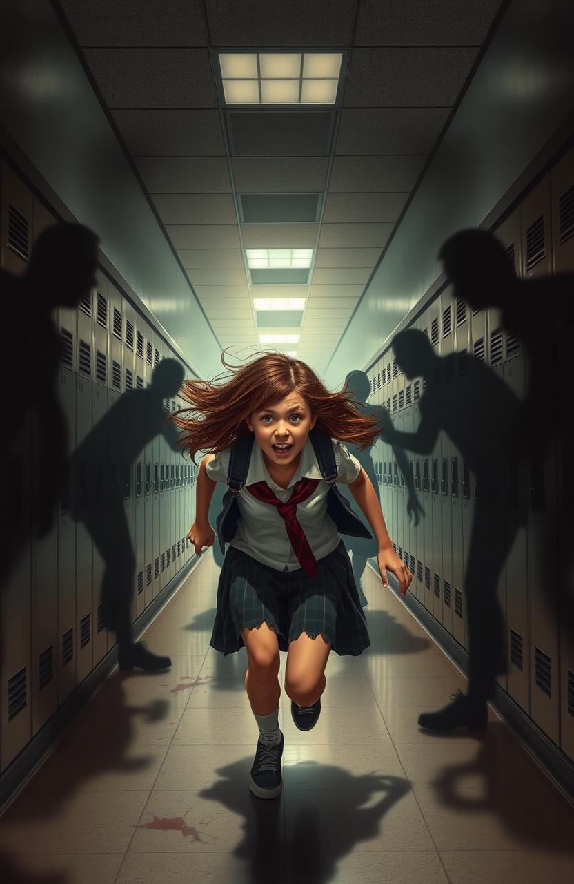 A scared brunette girl running away from zombies in a school hallway