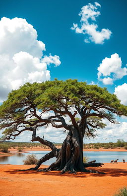 A beautiful African landscape featuring a majestic, twisted tree under a bright blue sky with fluffy white clouds