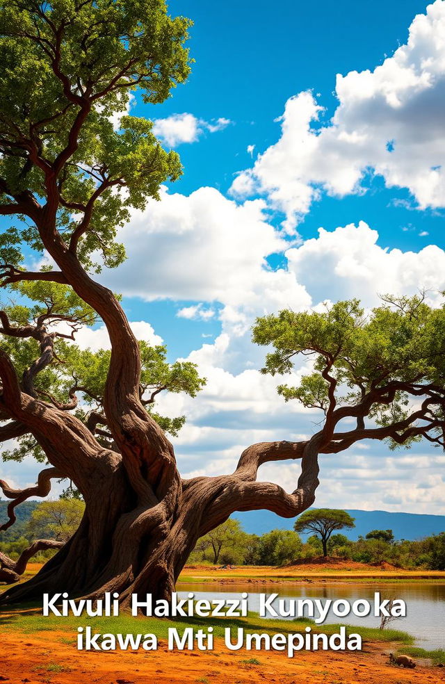 A beautiful African landscape featuring a majestic, twisted tree under a bright blue sky with fluffy white clouds