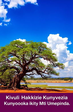A beautiful African landscape featuring a majestic, twisted tree under a bright blue sky with fluffy white clouds