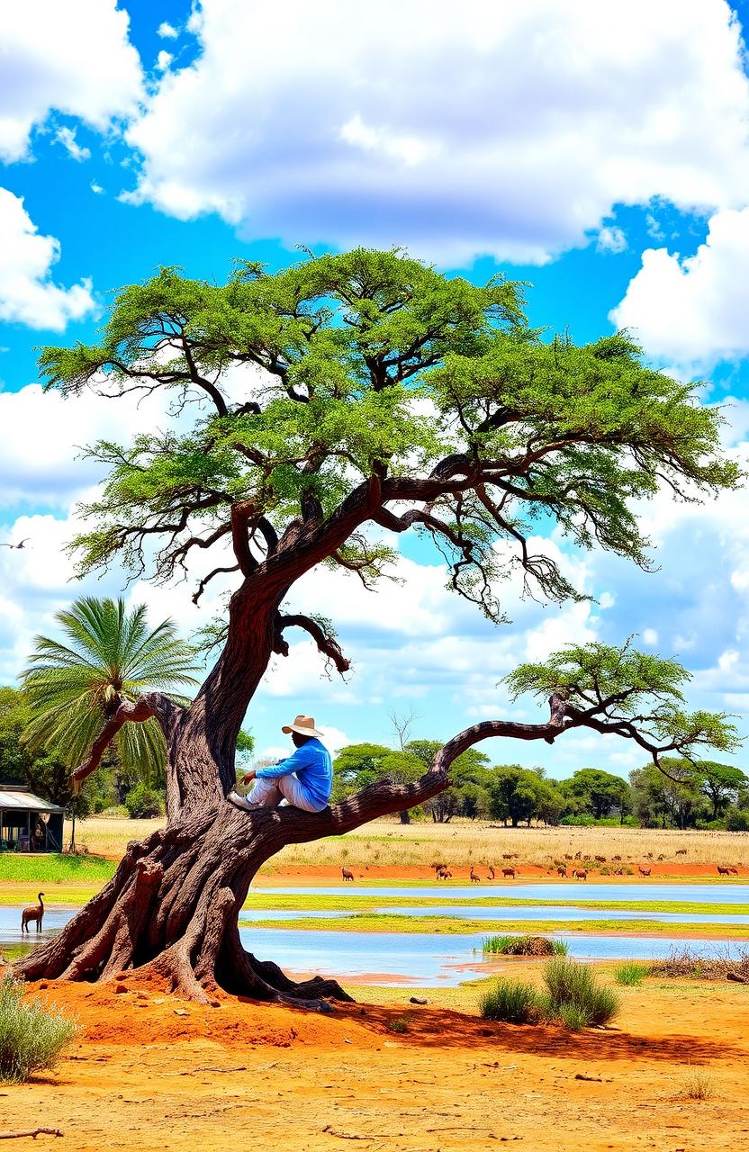 A beautiful African landscape featuring a majestic, twisted tree under a bright blue sky with fluffy white clouds