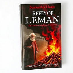 An attractive book cover featuring an old man with a somber expression standing next to a funeral pyre, conveying deep emotions of conflict, sorrow, and revenge