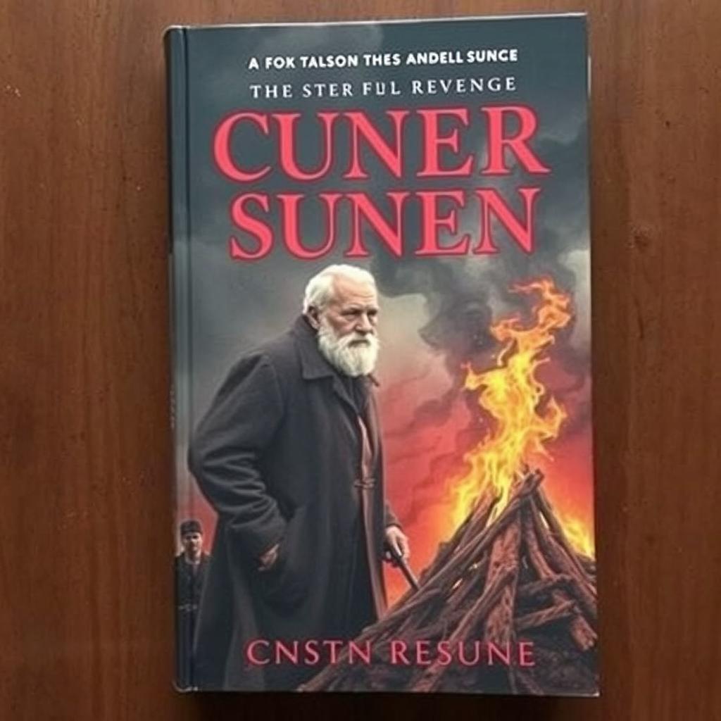 An attractive book cover featuring an old man with a somber expression standing next to a funeral pyre, conveying deep emotions of conflict, sorrow, and revenge