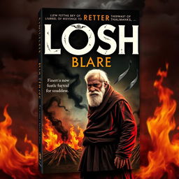 An attractive book cover featuring an old man with a somber expression standing next to a funeral pyre, conveying deep emotions of conflict, sorrow, and revenge