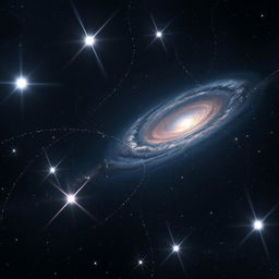 A stunning cosmic scene featuring a dark background filled with the vastness of the universe