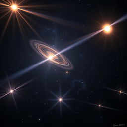 A stunning cosmic scene featuring a dark background filled with the vastness of the universe