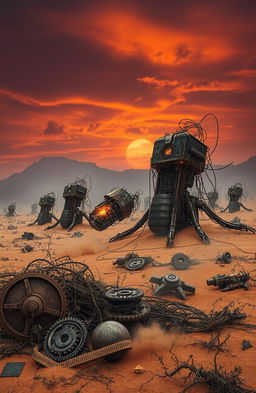 A surreal and haunting landscape featuring dying machines in a desolate wasteland