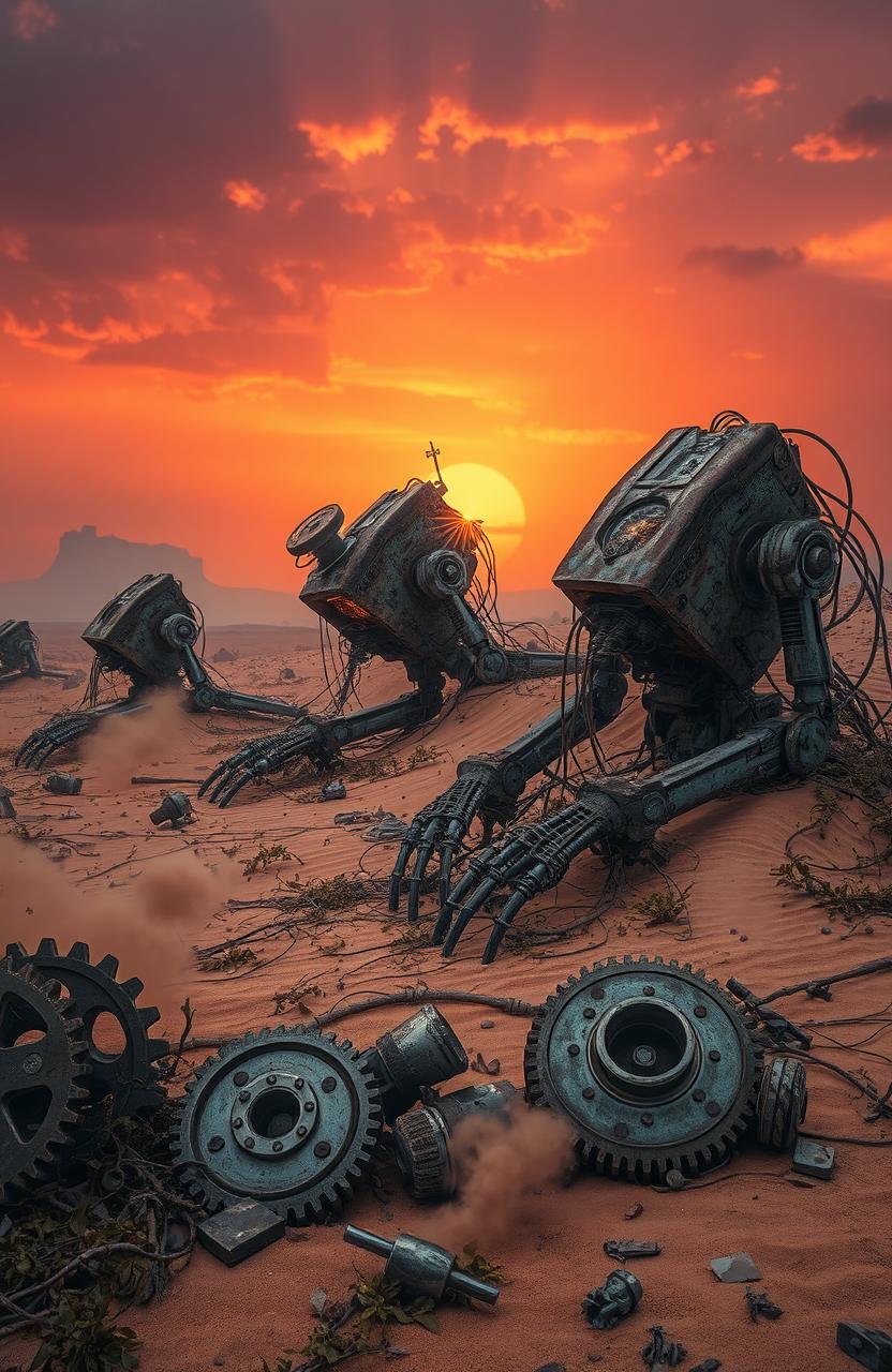 A surreal and haunting landscape featuring dying machines in a desolate wasteland