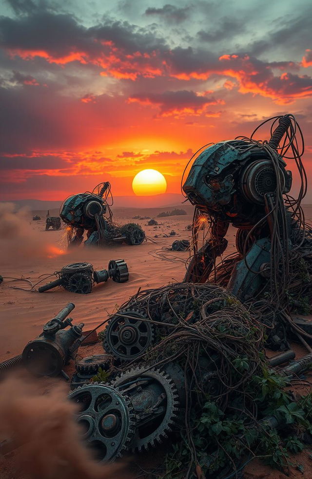 A surreal and haunting landscape featuring dying machines in a desolate wasteland