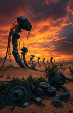 A surreal and haunting landscape featuring dying machines in a desolate wasteland