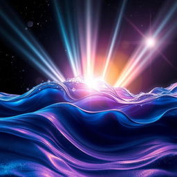 A captivating cosmic scene where brilliant light beams from the universe pierce through undulating waves