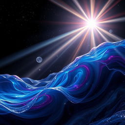 A captivating cosmic scene where brilliant light beams from the universe pierce through undulating waves