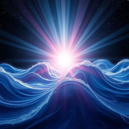 A captivating cosmic scene where brilliant light beams from the universe pierce through undulating waves