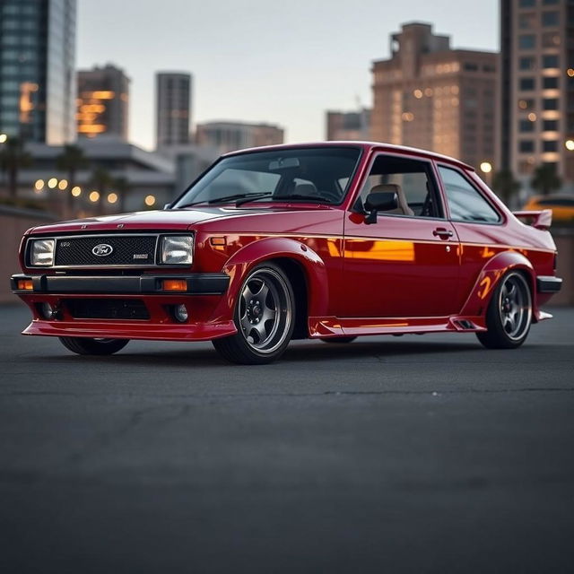 A sleek, modified Ford Escort featuring wide taluda wheels and a dramatically lowered suspension