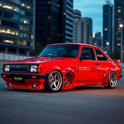 A sleek, modified Ford Escort featuring wide taluda wheels and a dramatically lowered suspension