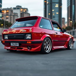 A sleek, modified Ford Escort featuring wide taluda wheels and a dramatically lowered suspension