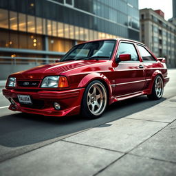 A sleek, modified Ford Escort featuring wide taluda wheels and a dramatically lowered suspension
