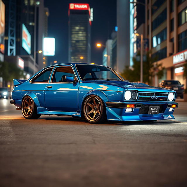 An eye-catching Ford Escort featuring striking taluda wheels and a lowered suspension