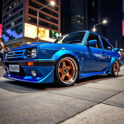 An eye-catching Ford Escort featuring striking taluda wheels and a lowered suspension