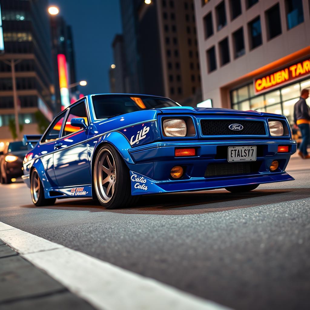 An eye-catching Ford Escort featuring striking taluda wheels and a lowered suspension