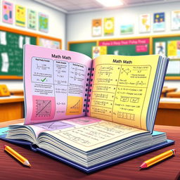 A detailed and colorful illustration of a 6th-grade math workbook designed for exam preparation, featuring vibrant pages filled with math exercises, graphs, and formulas