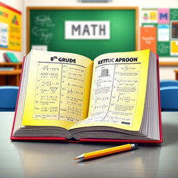 A detailed and colorful illustration of a 6th-grade math workbook designed for exam preparation, featuring vibrant pages filled with math exercises, graphs, and formulas