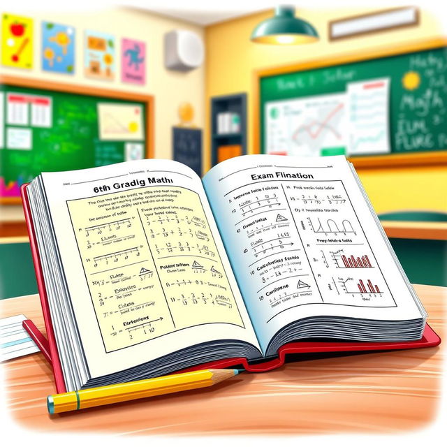 A detailed and colorful illustration of a 6th-grade math workbook designed for exam preparation, featuring vibrant pages filled with math exercises, graphs, and formulas