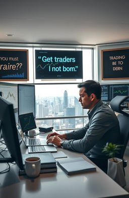 A motivational and inspiring scene depicting a determined trader in a modern trading office, surrounded by multiple screens filled with stock charts and financial data