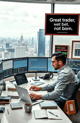 A motivational and inspiring scene depicting a determined trader in a modern trading office, surrounded by multiple screens filled with stock charts and financial data