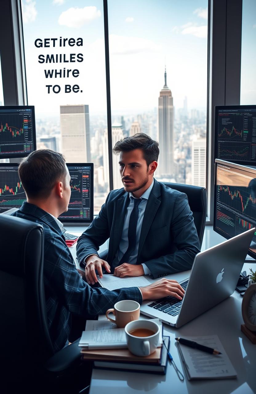 A motivational and inspiring scene depicting a determined trader in a modern trading office, surrounded by multiple screens filled with stock charts and financial data