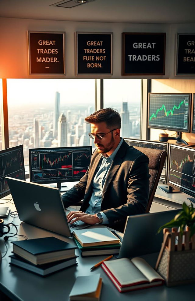 A motivational and inspiring scene depicting a determined trader in a modern trading office, surrounded by multiple screens filled with stock charts and financial data